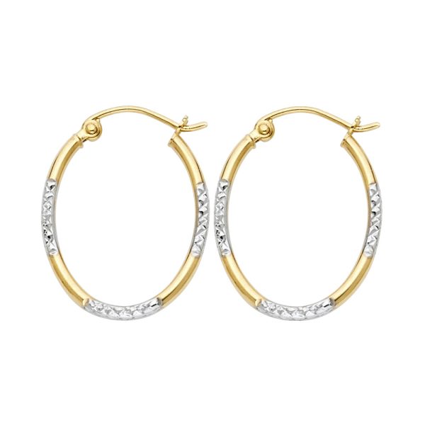 14K 2T DC Round Tube Oval Hoop Earrings (16X20mm)