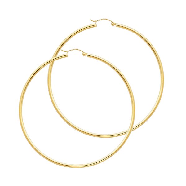 14KY 2mm Round Tube Polished Hoop Earrings (55mm)