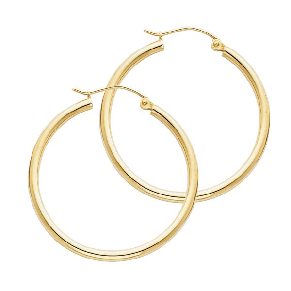 14KY 2mm Round Tube Polished Hoop Earrings (30mm)