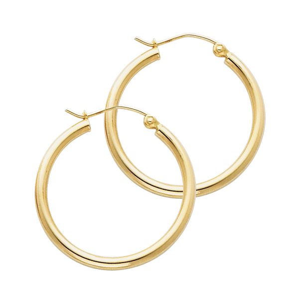 14KY 2mm Round Tube Polished Hoop Earrings (25mm)