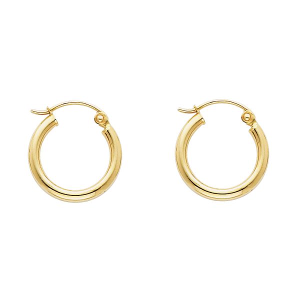 14KY 2mm Round Tube Polished Hoop Earrings (15mm)