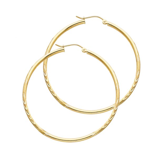 14KY 2mm Budded DC Round Tube Hoop Earrings (35mm)