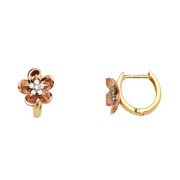 14K 2T Flower CZ Huggies Earrings