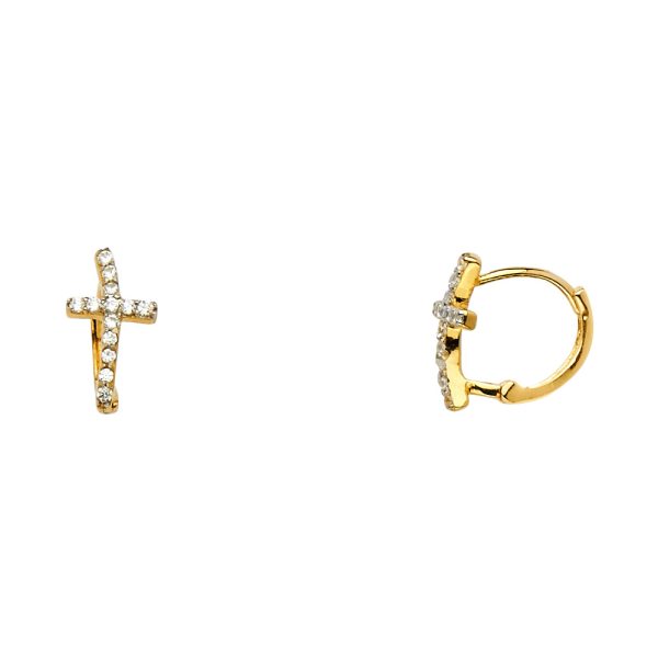 14K 2T Curved CZ Cross Huggies Earrings