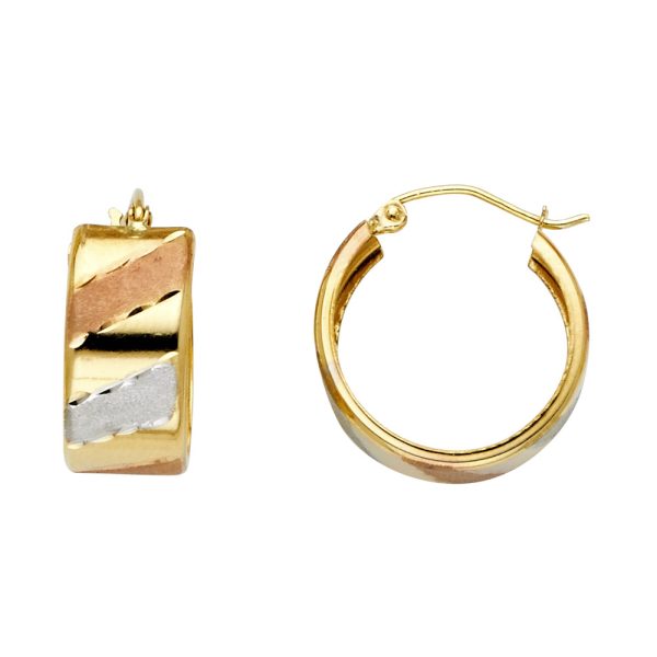 14K 3C ST Wide Diagonal DC Hoop Earrings