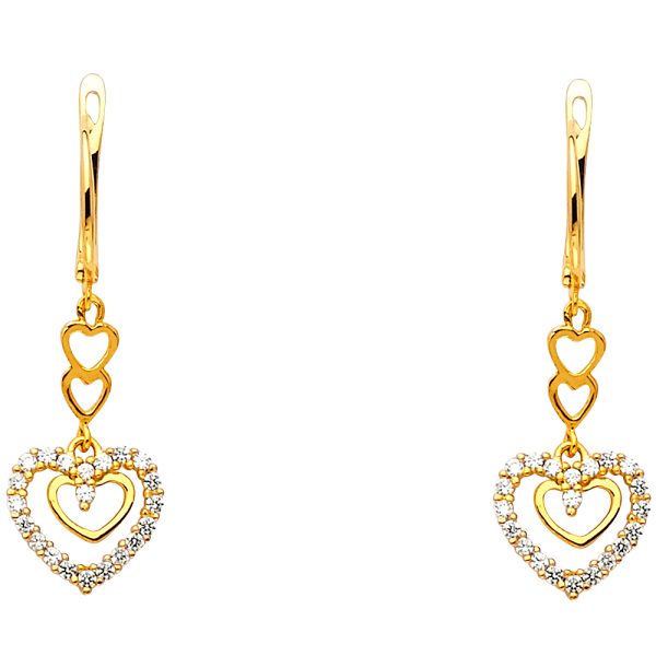 14KY CZ Heart Hanging Earrings