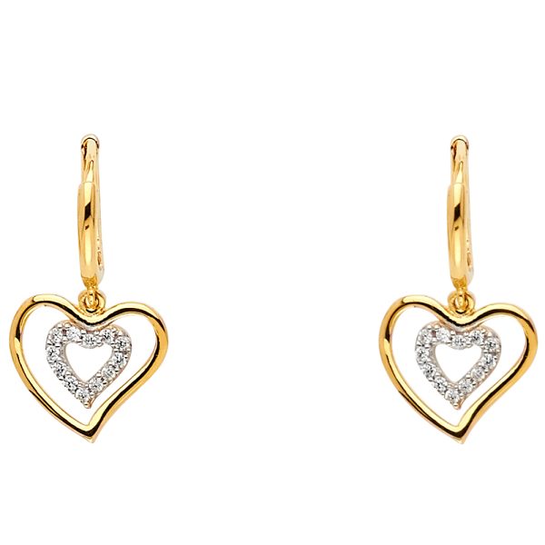 14K 2T CZ Heart Hanging Earrings