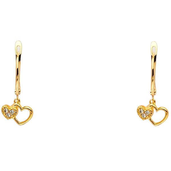 14KY CZ 2 Hearts Hanging Earrings