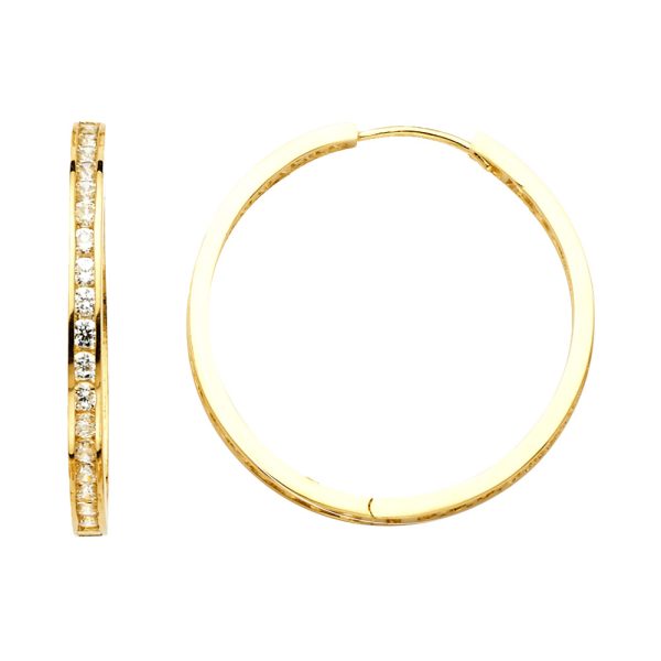 14KY Round CZ Channel Hoop Earrings