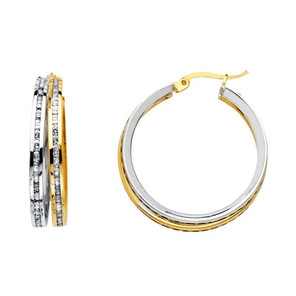 14K 2T Round CZ Channel 2L Hoop Earrings