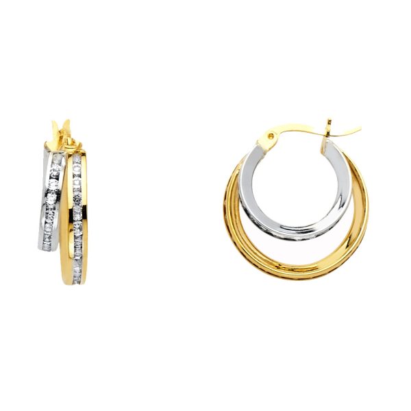 14K 2T Round CZ Channel 2L Hoop Earrings