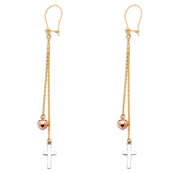 14K 3C Cross+Heart Hanging Earrings