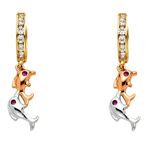 14K 3C CZ Dangle Huggies Earrings