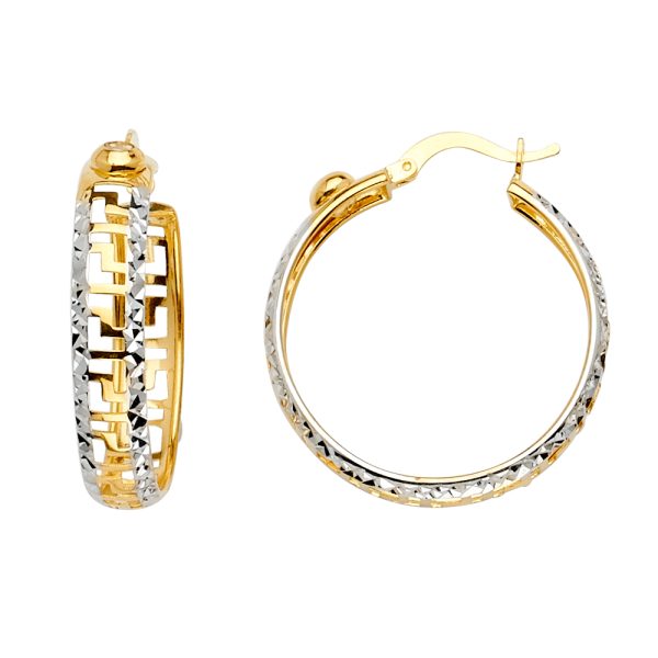 14K 2T Greek Design Hoop Earrings