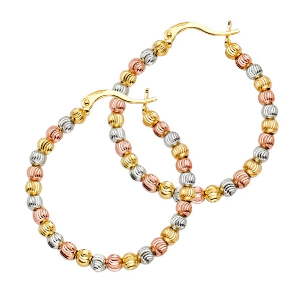 14K 3C Moon-cut Bead Hoop Earrings