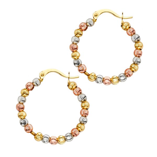 14K 3C Moon-cut Bead Hoop Earrings