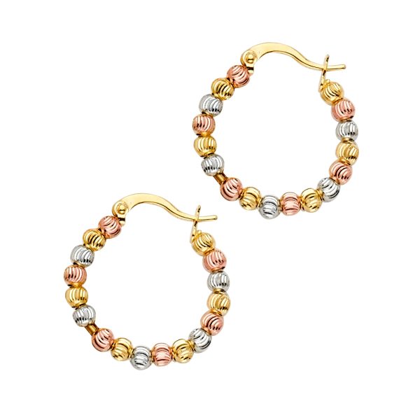 14K 3C Moon-cut Bead Hoop Earrings