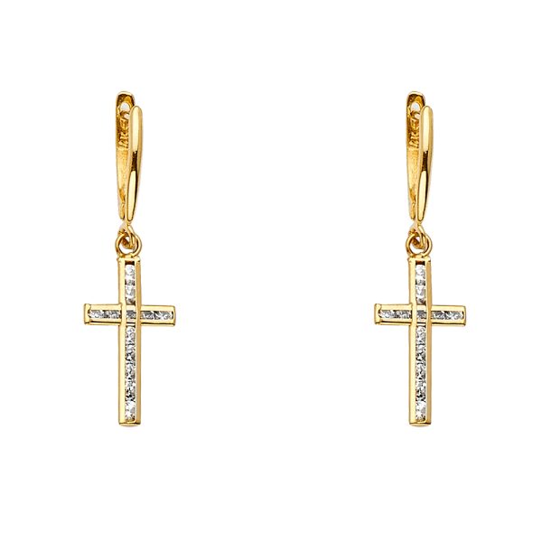 14KY CZ Channel Set Cross Dangle Earrings