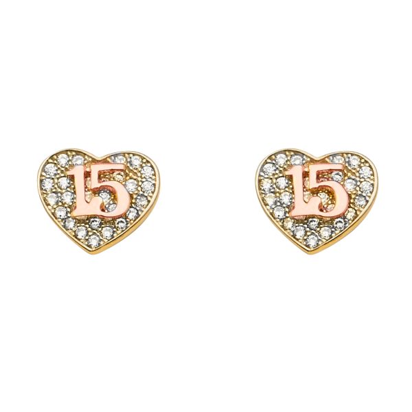 14K 2T 15 Years CZ Heart Earrings with Push Back