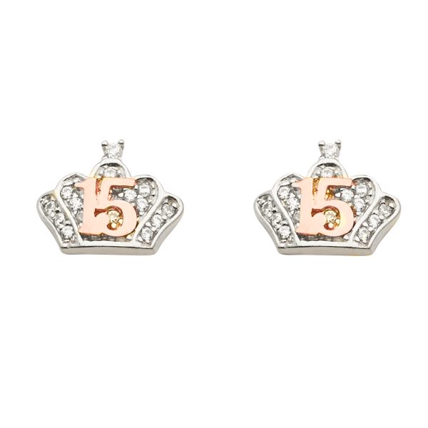 14KW 15 Years CZ Crown Earrings with Push Back