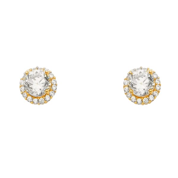 14KY Solitare Halo Round CZ Earrings with P Back