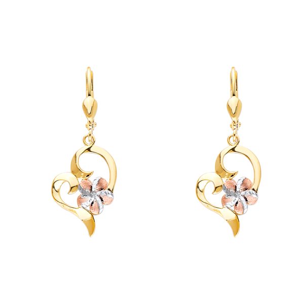 14K 3C Heart Lever Back Earrings with Hawaiian Flower