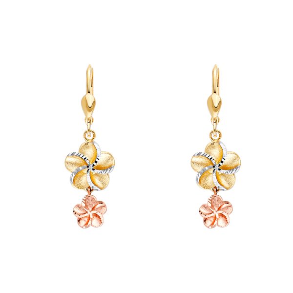 14K 3C Hawaiian Flower Lever Back Earrings