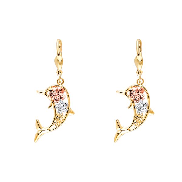 14K 3C Hawaiian Flower Dolphin Lever Back Earrings