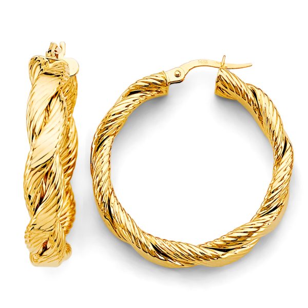 14KY Fancy Braided Lined Hoop Earrings