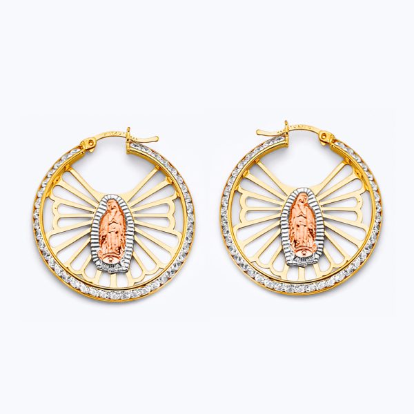 14K 3C CZ Guadalupe Hoop Earrings