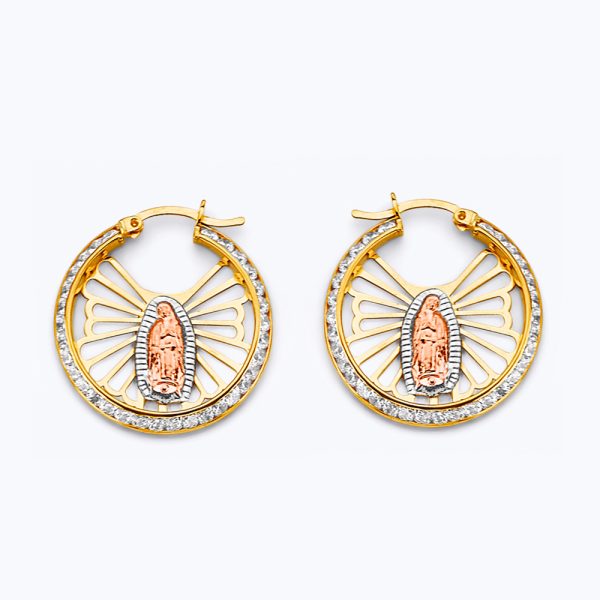 14K 3C CZ Guadalupe Hoop Earrings