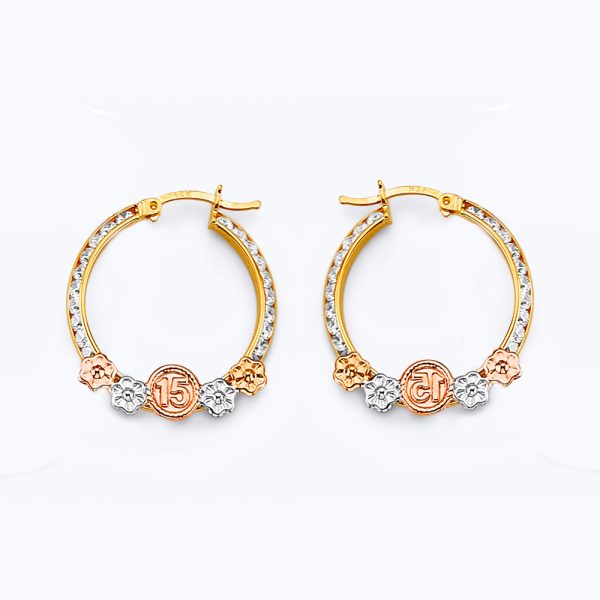 14K 3C CZ 15 Years Flower Hoop Earrings