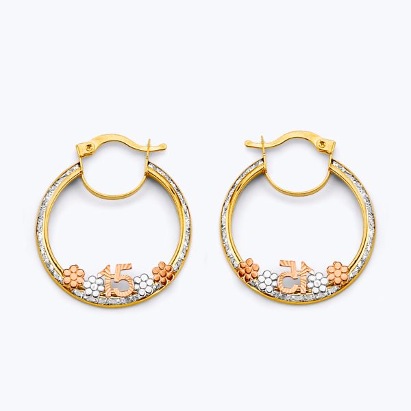 14K 3C CZ 15 Years Flower Hoop Earrings