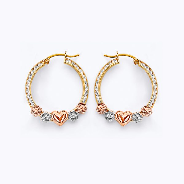 14K 3C CZ Flower & Heart Hoop Earrings