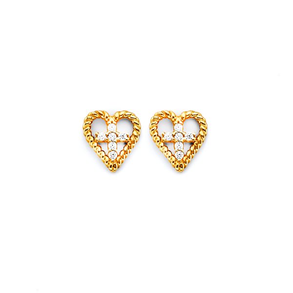 14K 2T DC Heart with CZ Cross Earrings