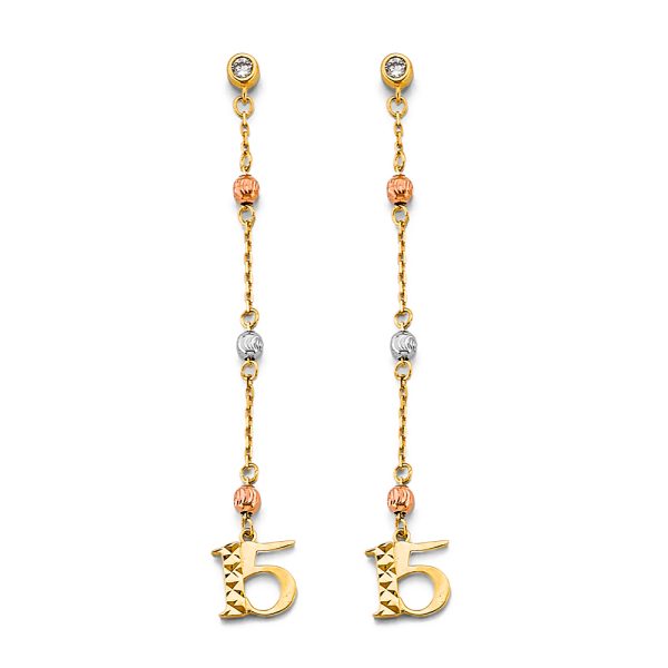 14K 3C Hanging CZ Ball 15 Years Earrings