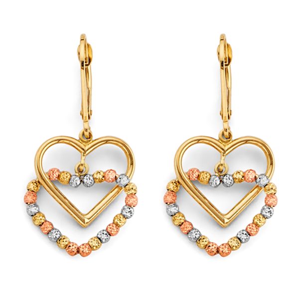 14K 3C Hanging Double Heart Bead Earrings