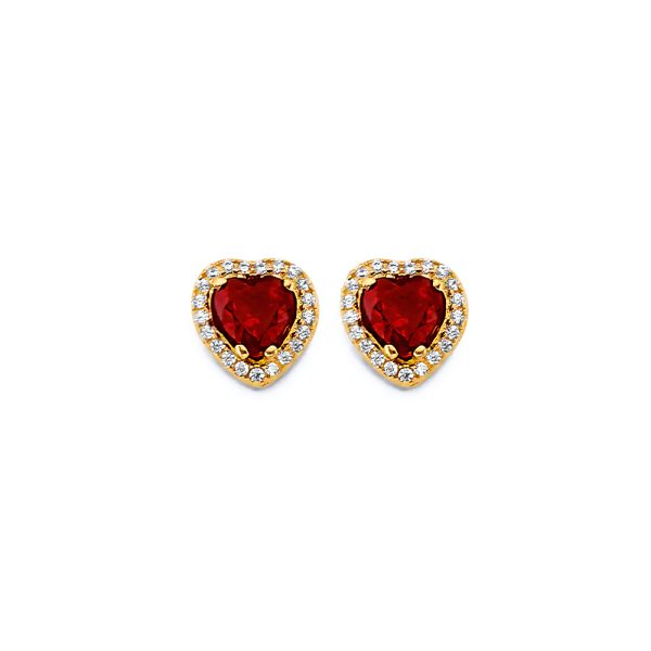 14KY Heart Shape Red CZ Push Back Earrings