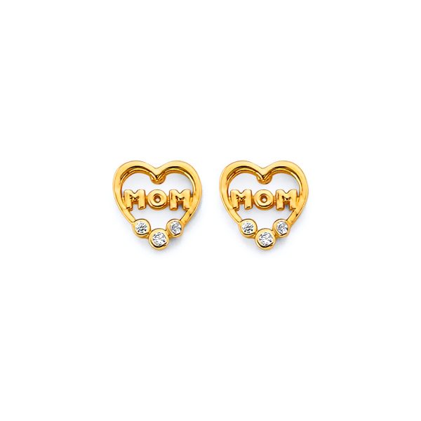 14KY CZ Heart Mom Push Back Earrings