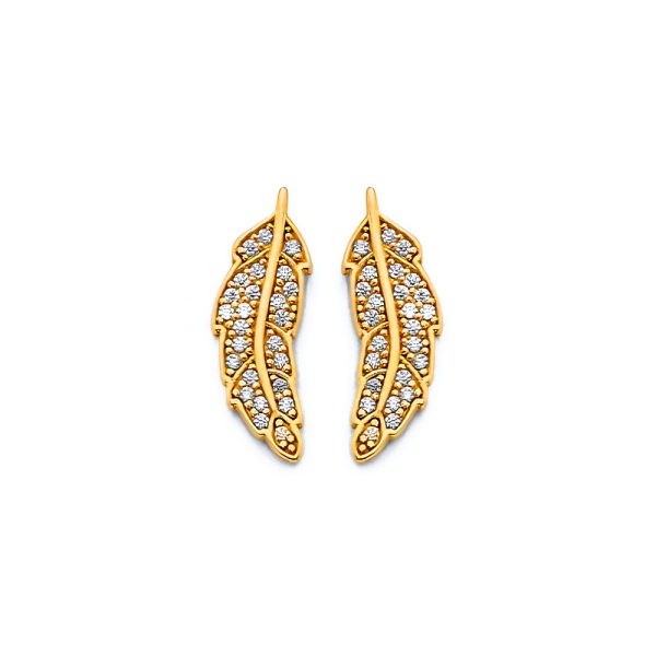 14KY CZ Feather Push Back Earrings