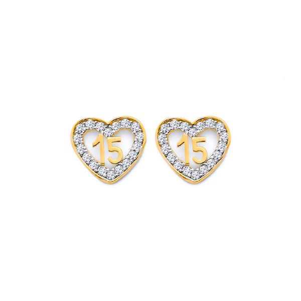 14KY CZ Heart 15 Years Push Back Earrings