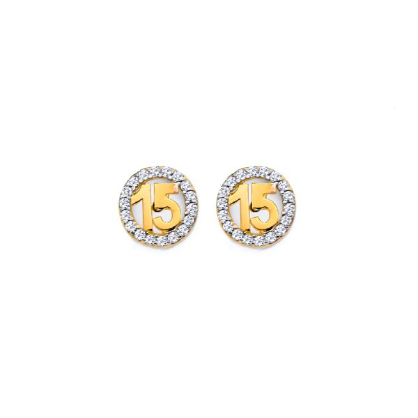 14KY CZ Round 15 Years Push Back Earrings