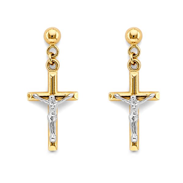 14K 2T Crucific Hanging Push Back Earrings