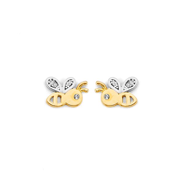 14K 2T CZ Bee Push Back Earrings