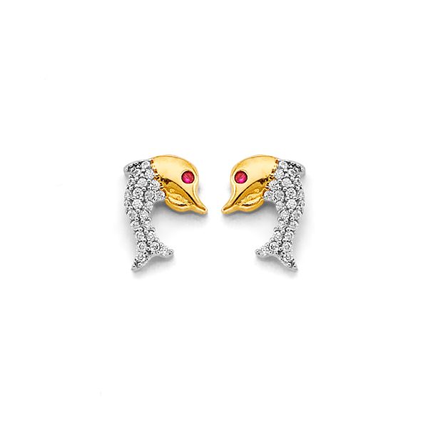 14K 2T CZ Dolphin Push Back Earrings