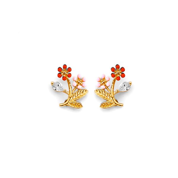 14K 3C CZ Flower Push Back Earrings