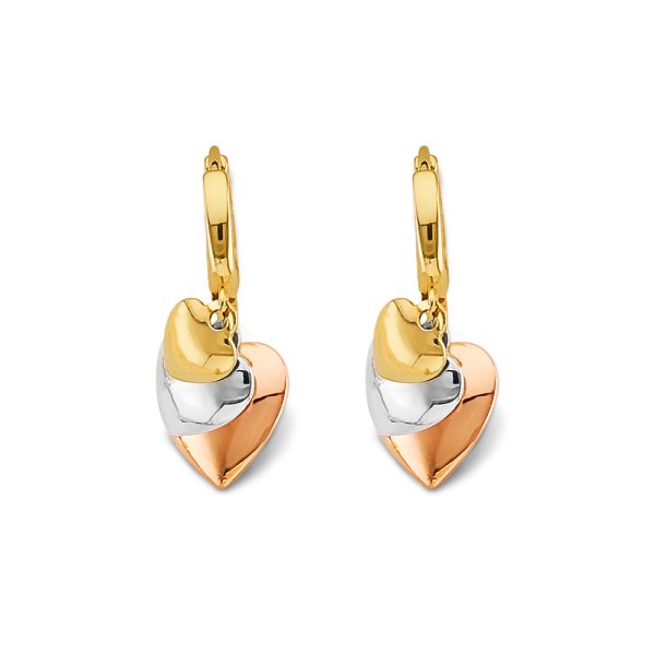 14K 3C Hanging Hearts Huggies Earrings