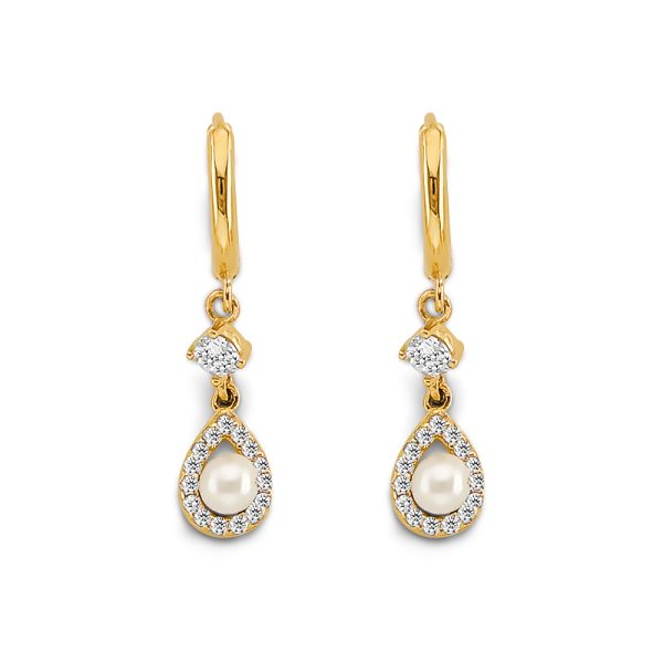 14KY CZ Pearl Hanging Huggies Earrings