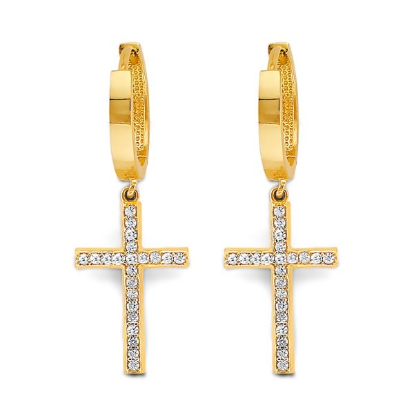 14K 2T CZ Cross Huggies Earrings