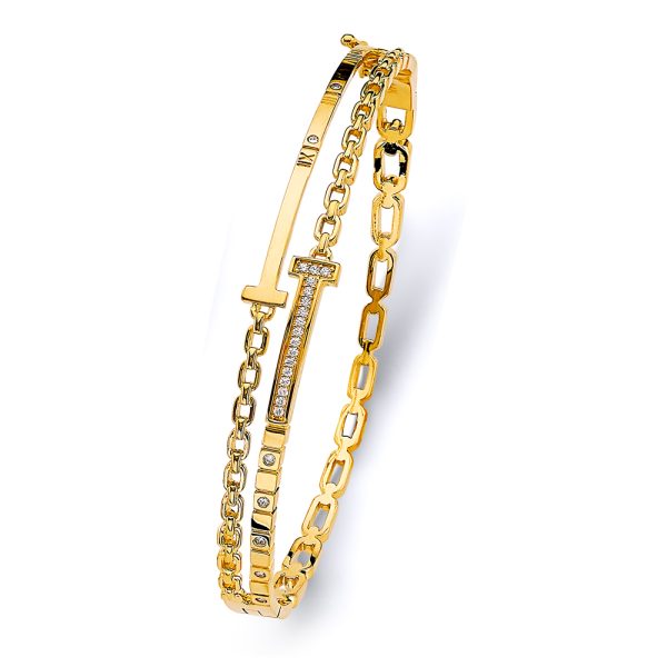 14KY 2 Lines Oval Bangle with CZ